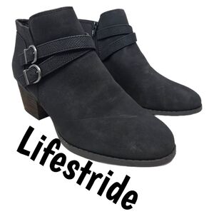 Lifestride Womens Soft Side Ankle Boots Sz 9M Washed Black Faux Leather Blaire